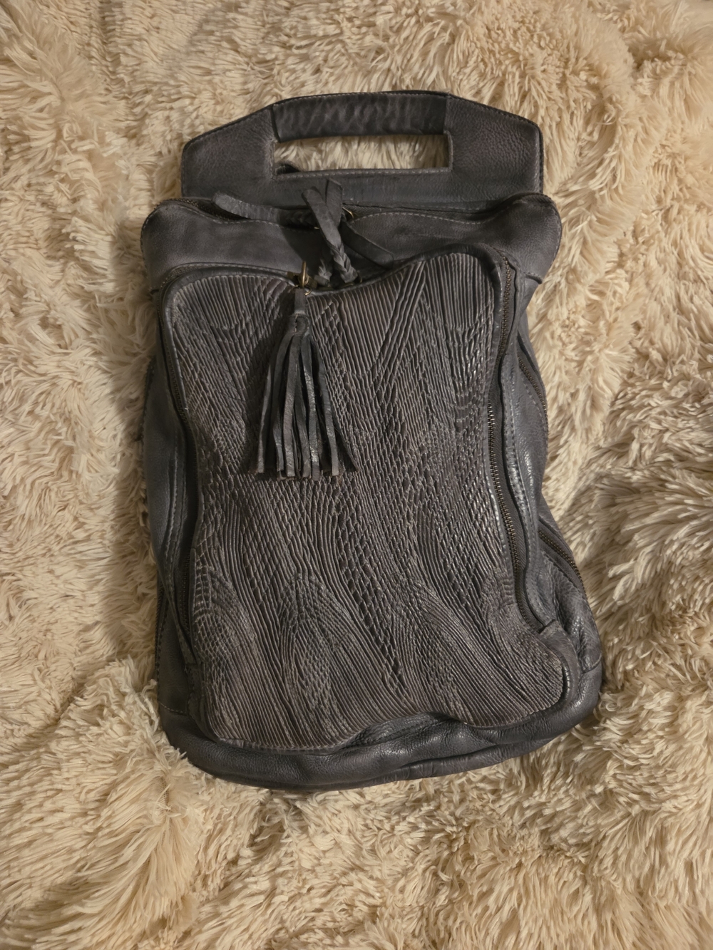 Textured Gray Leather Unisex Caleidoscope backpack with Tassel Detail